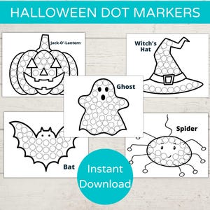 May include: Five black and white printable Halloween dot marker activity sheets. The sheets feature a pumpkin, ghost, bat, witch's hat, and spider. Each image is outlined with circles for dot markers.