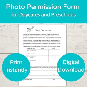 May include: Black and white printable photo permission form for daycares and preschools. The form includes a section for parents to give permission for photographs and recordings of their child for various purposes, such as display on a bulletin board, website, or social media.