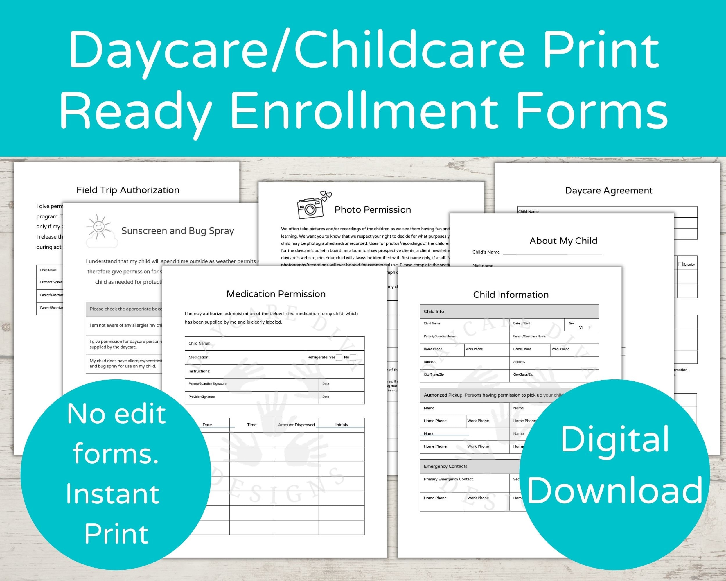 Ready to Print Daycare Enrollment Forms/ No Edit Childcare Enrollment ...