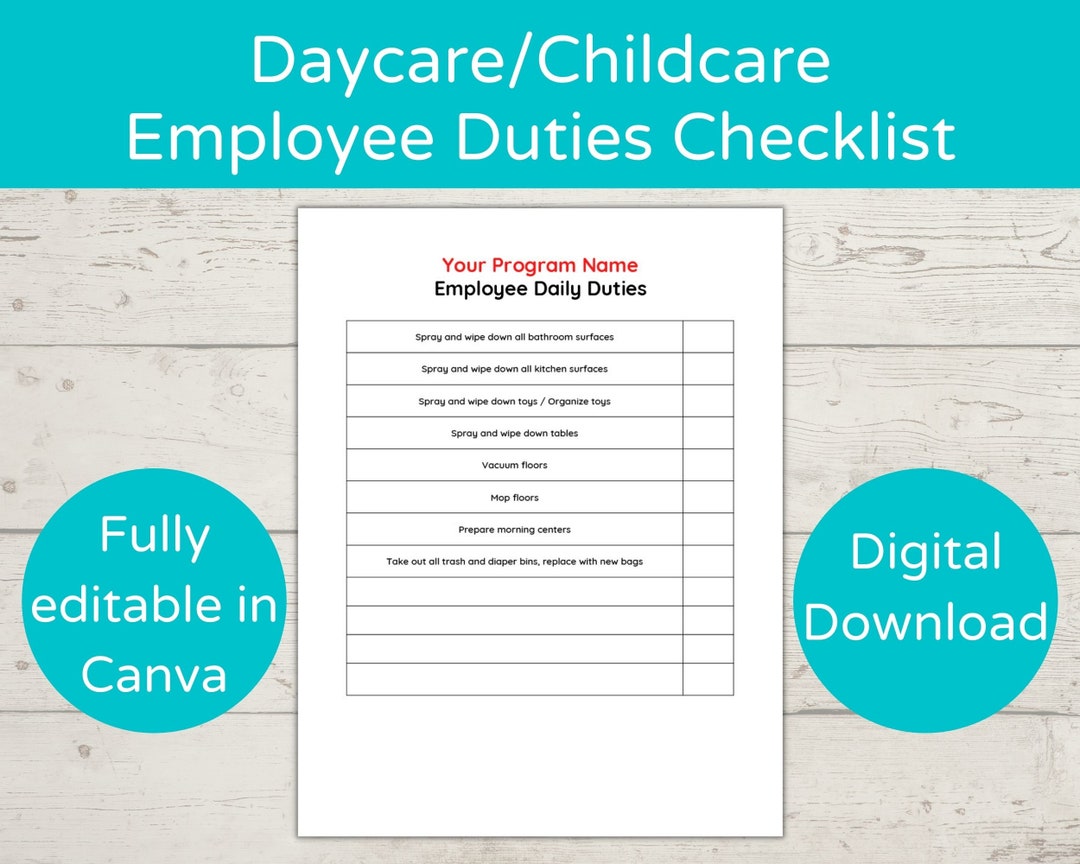 Daycare Employee Duties Checklist/ Child Care Staff Duties Checklist