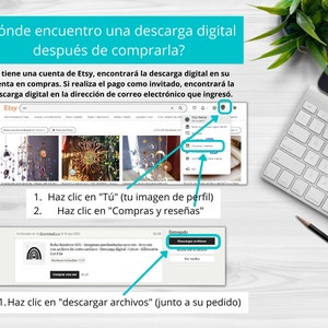 Puede incluir: Una captura de pantalla del sitio web de Etsy que muestra c&oacute;mo descargar una compra digital. Los pasos son: 1. Haz clic en tu foto de perfil, 2. Haz clic en Compras y rese&ntilde;as, 3. Haz clic en Descargar archivos junto a tu pedido.