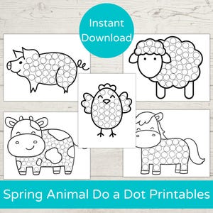 Peut inclure: Un ensemble de cinq feuilles d'activités de points à relier d'animaux du printemps à imprimer. Les animaux comprennent un cochon, un mouton, un poussin, une vache et un cheval. Chaque animal est délimité par des cercles que les enfants peuvent relier par des points.