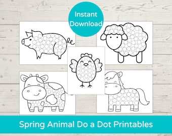 Peut inclure: Un ensemble de cinq feuilles d'activités de points à relier d'animaux du printemps à imprimer. Les animaux comprennent un cochon, un mouton, un poussin, une vache et un cheval. Chaque animal est délimité par des cercles que les enfants peuvent relier par des points.