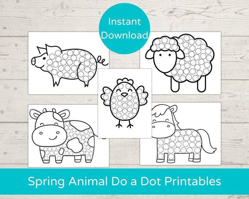 May include: A set of five printable spring animal dot-to-dot activity sheets. The animals include a pig, a sheep, a chick, a cow, and a horse. Each animal is outlined with circles that children can connect with dots.