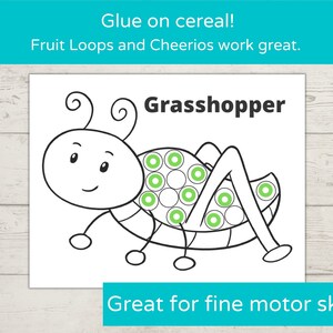 Peut inclure: Une page &agrave; colorier imprimable en noir et blanc d'un criquet avec le texte "Grasshopper" en haut. Le criquet a un motif circulaire sur le dos qui peut &ecirc;tre d&eacute;cor&eacute; avec des c&eacute;r&eacute;ales.