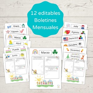 May include: Twelve printable, editable monthly bulletin templates in Spanish. Each template features a different month of the year with a colorful illustration and the month's name in Spanish. The templates are designed for use in classrooms or homes.