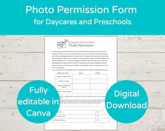 Editable Childcare Photo Release Form/ Photo Permission Form for Childcare and Preschools/ School Media Release Form
