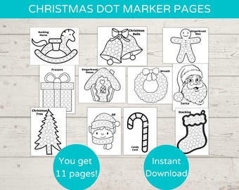 May include: Eleven black and white printable Christmas themed dot marker pages. The pages feature images of a rocking horse, Christmas tree, present, gingerbread house, Christmas bells, gingerbread man, wreath, Santa, elf, candy cane, and stocking.