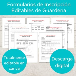 May include: A set of five printable daycare forms in Spanish. The forms are editable and can be downloaded digitally. The forms include permission slips for medication, sunscreen and insect repellent, photos, field trips, and a daycare agreement.