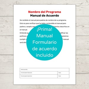 Puede incluir: Un documento blanco con un c&iacute;rculo azul que contiene el texto "&iexcl;Prima! Manual Formulario de acuerdo incluido". El documento se titula "Nombre del Programa Manual de Acuerdo" e incluye el texto "He recibido el manual para padres de nombre de su programa. Esto es para verificar que he le&iacute;do y entendido el manual para padres y acepto seguir los procedimientos descritos en el manual. Entiendo que..."