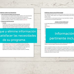 Puede incluir: Un documento con el t&iacute;tulo "Politicas sobre los Desastres" y "Politicas Acerca de Enfermedad" en espa&ntilde;ol. El documento incluye informaci&oacute;n sobre planes de emergencia y procedimientos para tratar con desastres y enfermedades. El texto incluye la frase "Agregue y elimine informaci&oacute;n para satisfacer las necesidades de su programa" y "Informaci&oacute;n pertinente incluida".