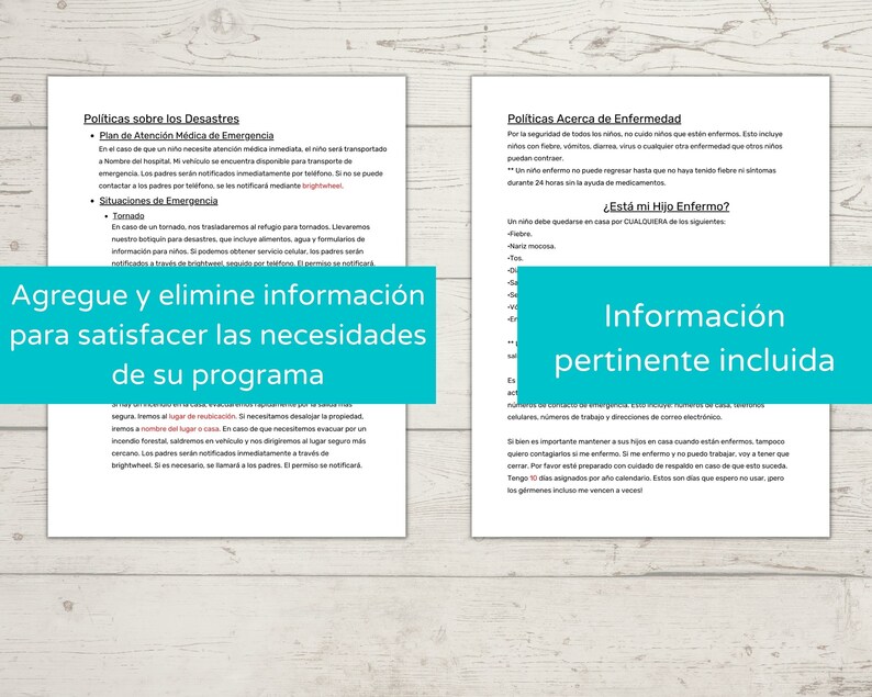 Puede incluir: Un documento con el t&iacute;tulo "Politicas sobre los Desastres" y "Politicas Acerca de Enfermedad" en espa&ntilde;ol. El documento incluye informaci&oacute;n sobre planes de emergencia y procedimientos para tratar con desastres y enfermedades. El texto incluye la frase "Agregue y elimine informaci&oacute;n para satisfacer las necesidades de su programa" y "Informaci&oacute;n pertinente incluida".