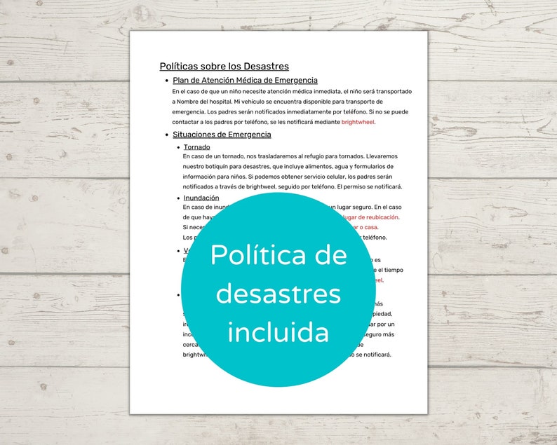 Puede incluir: Un c&iacute;rculo turquesa con el texto "Pol&iacute;tica de desastres incluida" en blanco. El texto est&aacute; en negrita, sin serifas. El c&iacute;rculo est&aacute; en una hoja de papel blanca con texto sobre pol&iacute;ticas de preparaci&oacute;n para desastres.