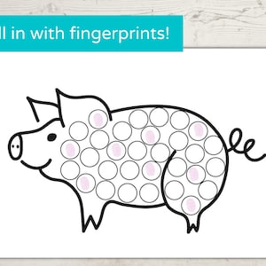 May include: A black and white line drawing of a pig with a dotted pattern. The pig is outlined in black and has a curly tail. The dots are meant to be filled in with fingerprints. The text "Fill in with fingerprints!" is at the top of the image.