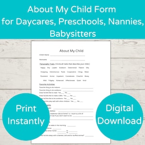 About My Child Form/ Child Information/ Child Info Sheet/ Childcare Form/ Daycare Form/ Preschool Enrollment