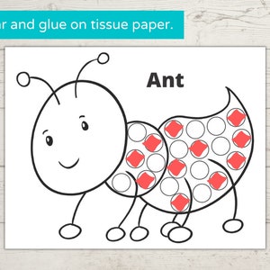 Peut inclure: Contour noir et blanc d'une fourmi avec des cercles rouges sur son corps. Le texte "Ant" est &eacute;crit au-dessus de la fourmi. L'image est une activit&eacute; imprimable pour les enfants &agrave; d&eacute;chirer et &agrave; coller du papier de soie.