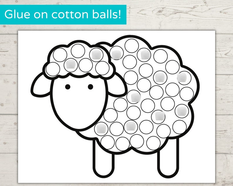 May include: Black and white outline of a sheep with a dotted body. The text "Glue on cotton balls!" is at the top of the image.