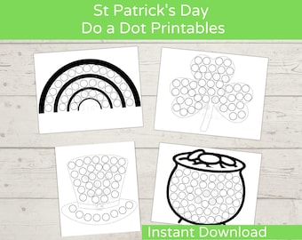 Peut inclure: Quatre feuilles d'activités imprimables sur le thème de la Saint-Patrick en noir et blanc. Les feuilles présentent un arc-en-ciel, un trèfle, un chapeau de lutin et un pot d'or.