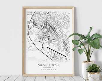 Virginia Tech Map, Blacksburg, VA - Graduation gift - Wall decor poster, College Town Map Gifts, Digital Download, Digital University map