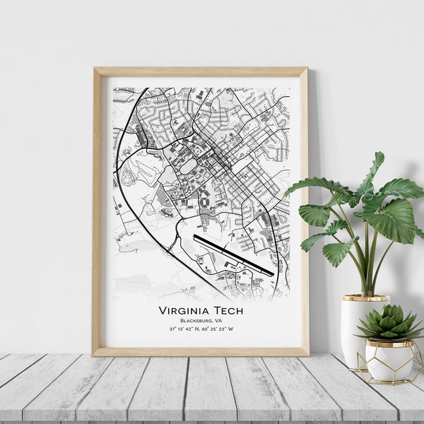 Virginia Tech Map, Blacksburg, VA - Graduation gift - Wall decor poster, College Town Map Gifts, Digital Download, Digital University map