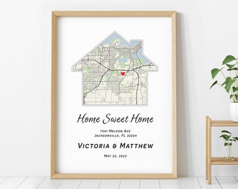 Eerste nieuwe thuiscadeau voor paar Huisvormige kaartposter. Digitale aangepaste gepersonaliseerde housewarming geschenken, aangepaste stadsplattegrond - ons eerste huis