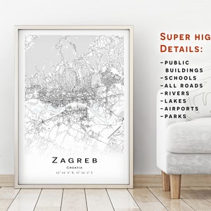 Zagreb Karte, Kroatien - Stadt Karte mit hohen Details - sofortiger Download, druckbare Karte Poster - Zagreb Digitaler Download Karte.