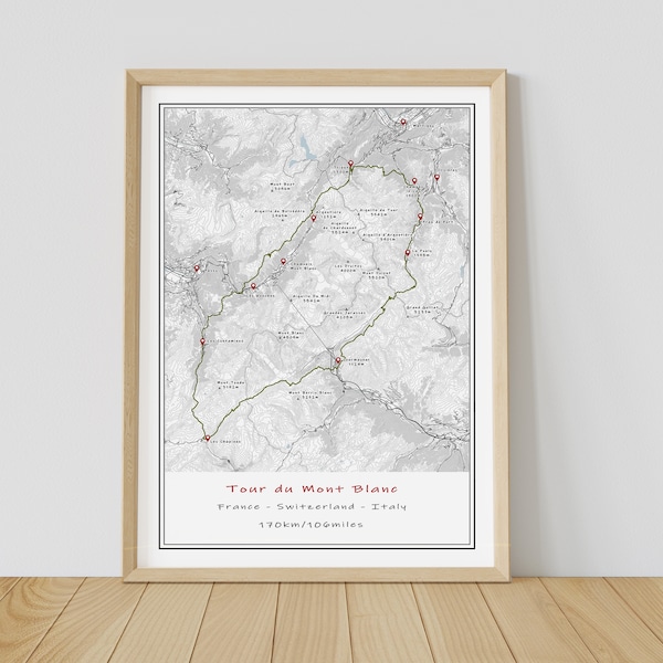 Tour Du Mont Blanc Topographic Map, TMB Hiking Map, Mount Blanc Wall Art, Hiking Gift -instant download, Printable map, Digital download map