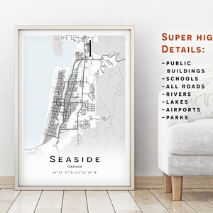 Seaside map, Oregon Estados Unidos - Mapa de la ciudad con detalles altos - descarga instantánea, póster de mapa imprimible - Descarga digital Mapa junto al mar.