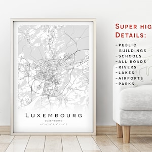 Mapa de la ciudad de Luxemburgo, Luxemburgo - Mapa de la ciudad con detalles altos - descarga instantánea, póster del mapa imprimible - Luxemburgo Mapa de descarga digital.