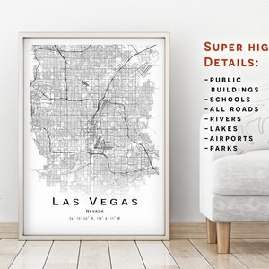 Mappa di Las Vegas, Nevada, NV - Mappa con dettagli elevati - download immediato, poster stampabile della mappa - Download digitale Mappa di Las Vegas.
