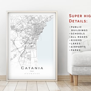 Mappa di Catania, Italia - Mappa con dettagli elevati - download immediato, Locandina della mappa stampabile - Download digitale Mappa di Catania.