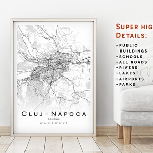 Cluj-Napoca Karte - Rumänien - Stadt Karte mit hohen Details - Druckbare Karte Poster - Digitaler Download Karte - minimalistisches Kunstwerk -Karte Wand Kunst