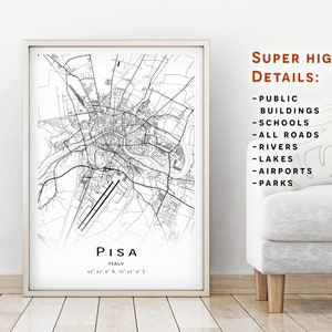 Kaart van Pisa - Italië-stadskaart met hoge details - Afdrukbare kaartposter - Digitale downloadkaart - minimalistische kunstwerken - kaartmuurkunst