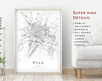 Pisa map - Italy- City Map with high details - Printable map poster - Digital download map - minimalist artwork - map wall art