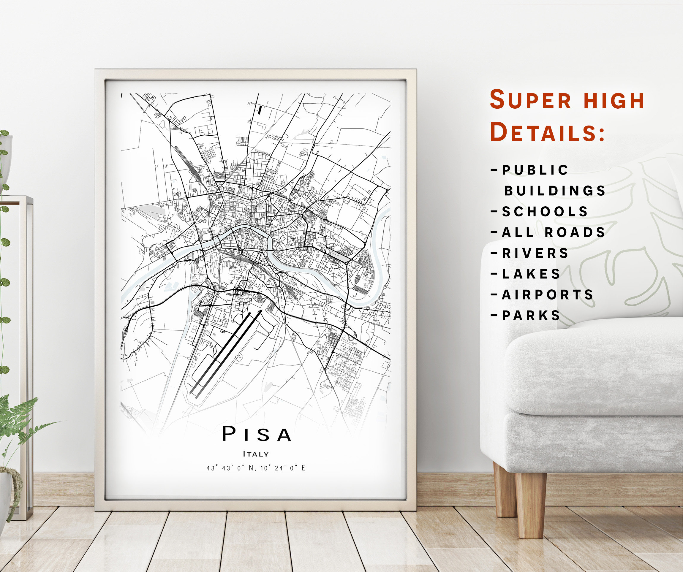 Pisa map - Italy- City Map with high details - Printable map poster - Digital download map - minimalist artwork - map wall art