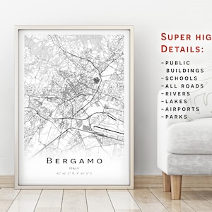 Kaart van Bergamo - Italië-stadskaart met hoge details - Afdrukbare kaartposter - Digitale downloadkaart - minimalistische kunstwerken - kaartkunst aan de muur