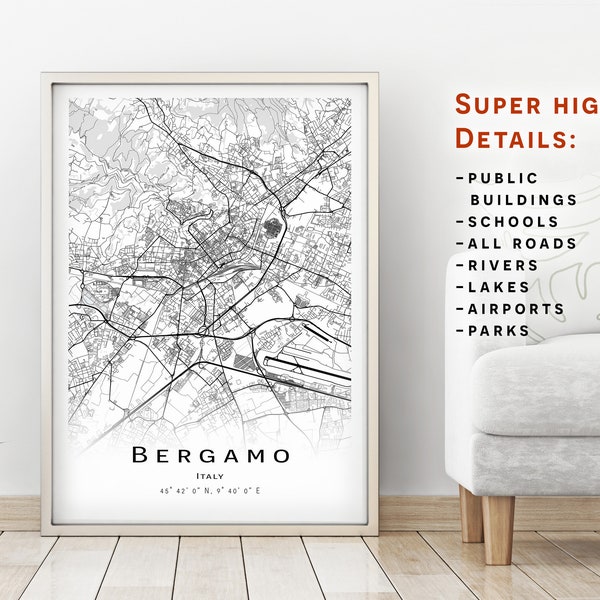 Bergamo map - Italy- City Map with high details - Printable map poster - Digital download map - minimalist artwork - map wall art