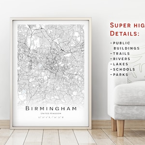 Birmingham map, Reino Unido - Mapa de la ciudad con detalles altos - descarga instantánea, Cartel de mapa imprimible - Descarga digital del mapa de Birmingham.