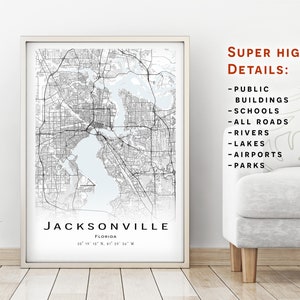 Jacksonville kaart, Florida, Verenigde Staten (USA) - Stadsplattegrond met hoge details - direct te downloaden, Afdrukbare kaartposter - Digitale downloadkaart.