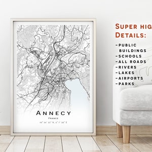 Annecy Karte - Frankreich - Stadt Karte mit hohen Details - Druckbare Karte Poster - Digitaler Download Karte - minimalistisches Kunstwerk - Stadt Karte Wand Kunst