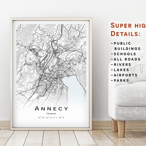 Carte d’Annecy - France - Carte de la ville avec des détails élevés - Affiche de carte imprimable - Carte de téléchargement numérique - Œuvre d’art minimaliste - Carte de la ville art mural