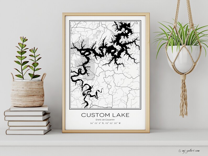 Custom Lake, Black and White Lake, Custom Map Poster, Any Lake, Wall