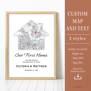 Primo regalo per la nuova casa per una coppia. Poster con mappa a forma di casa. Regali digitali personalizzati per l'inaugurazione della casa, mappa della città personalizzata: la nostra prima casa