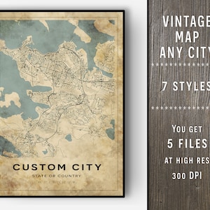 Mapa da cidade estilo vintage personalizado, mapa personalizado, pôster de mapa personalizado, qualquer cidade, decoração de parede, download digital de mapa da cidade, download de mapa digital