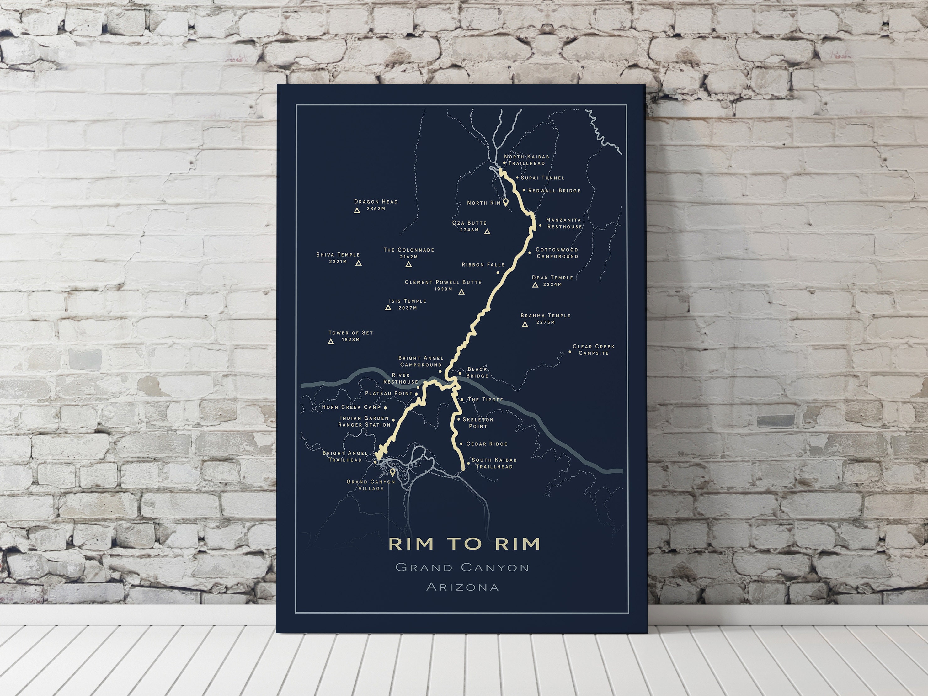 Rim to Rim to Rim Grand Canyon Trail Arizona USA Map, Trail Map Art ...