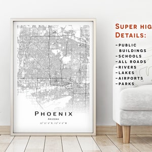 Phoenix kaart, Arizona, AZ - Stadsplattegrond met hoge details - direct downloaden, Afdrukbare kaartposter - Digitale download Phoenix kaart.