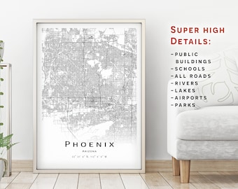 Phoenix map, Arizona, AZ - City Map with high details - instant download, Printable map poster - Digital download Phoenix map.