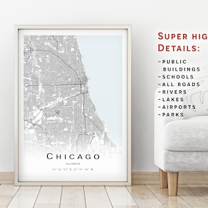 Chicago map, Illinois Estados Unidos - Mapa de la ciudad con detalles altos - descarga instantánea, póster de mapa imprimible - Descarga digital mapa de Chicago.