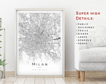 Milan City Map Art Print, Italy, High Detail (Digital Download)