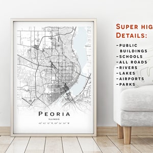 Peoria map, Illinois, United States (USA) - City Map with high details - instant download, Printable map poster - Digital download map.